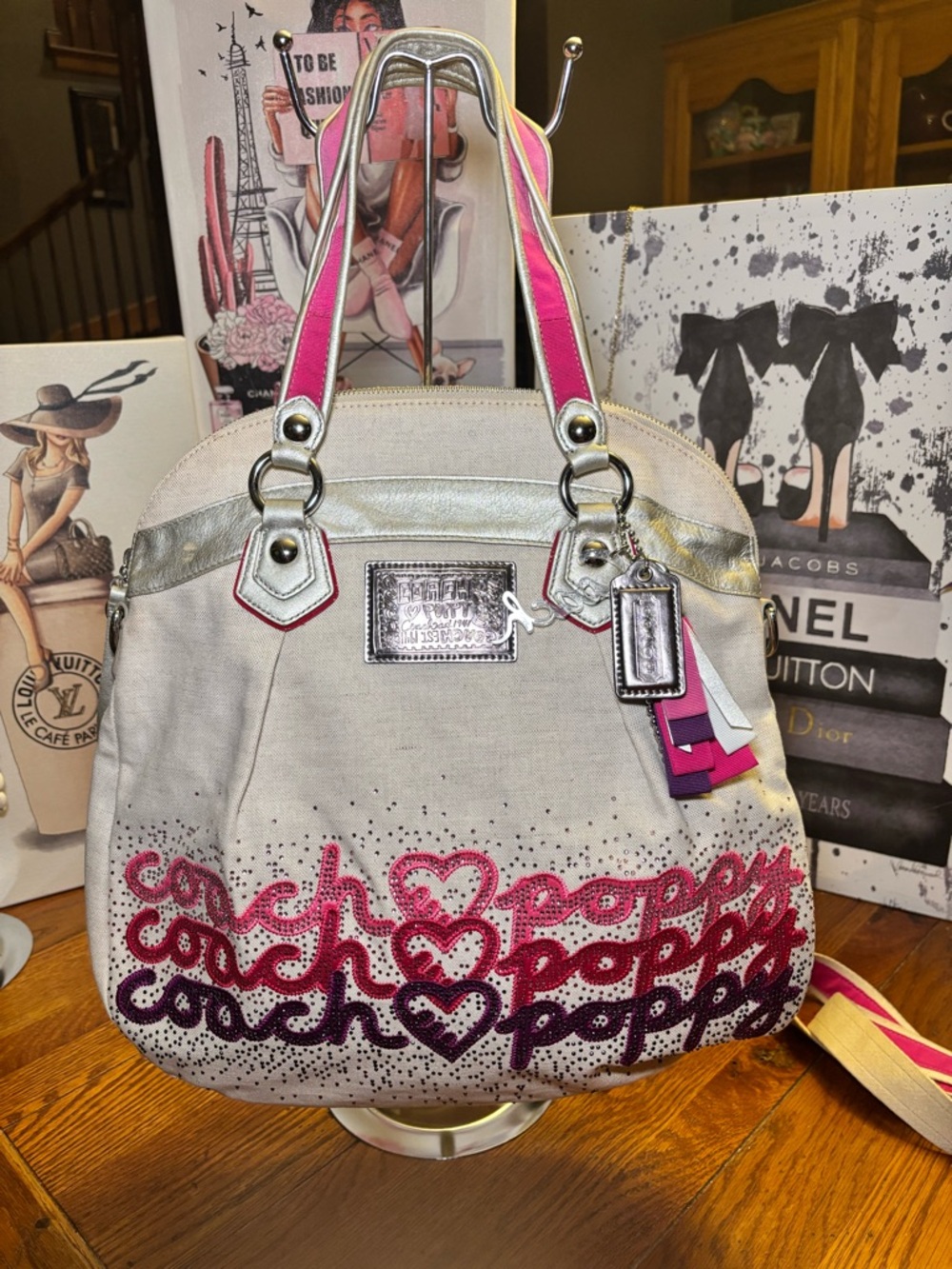Coach Poppy Glam Canvas Satchel Crossbody Rhinestone Logo Metallic Trim #16316